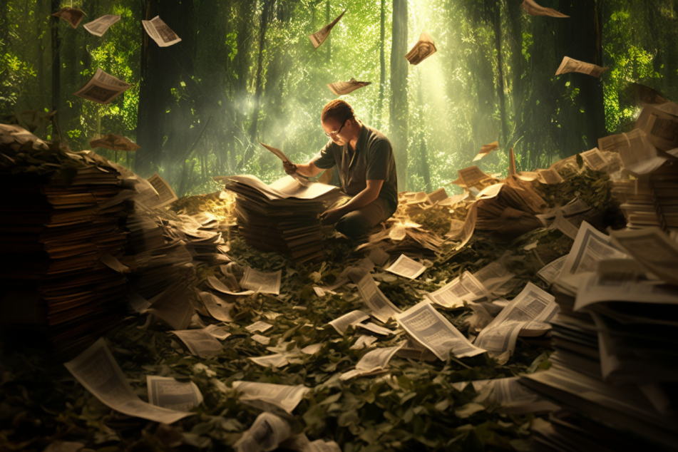 worker shoveling currencies from one pile of papers to another. Seeting inside the forest, nature. Photography. Extremely high detail. Nikon. --ar 3:2 --v 5.1