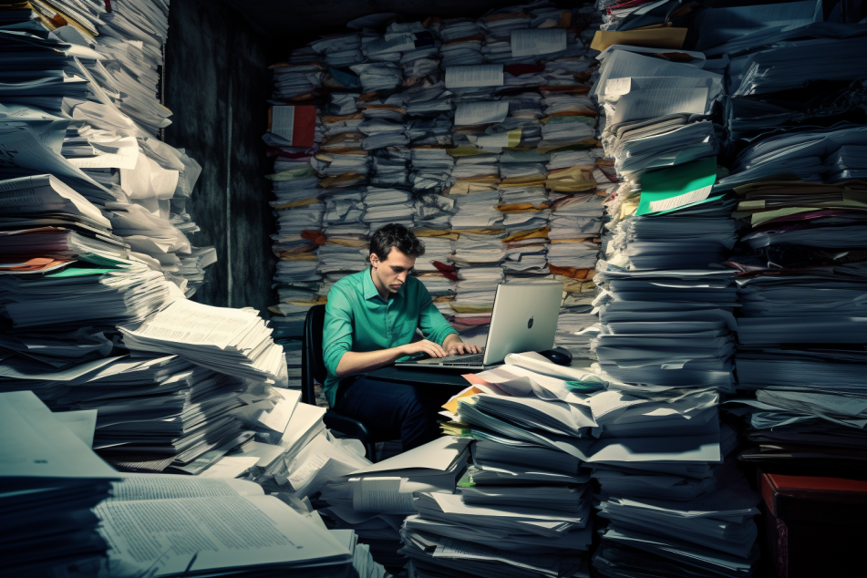 software developer working on a laptop. sitting between piles and piles of papers. overwhelmed with invoices, papers and administrators. Extremely High detail. Canon 5d mark 2. --ar 3:2 --v 5.1