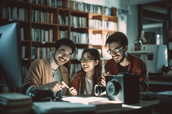 three students are smiling at computers while writing