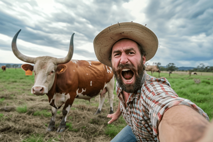 nrlb midjourney selfie photo posted on snapchat of a farmer and bull